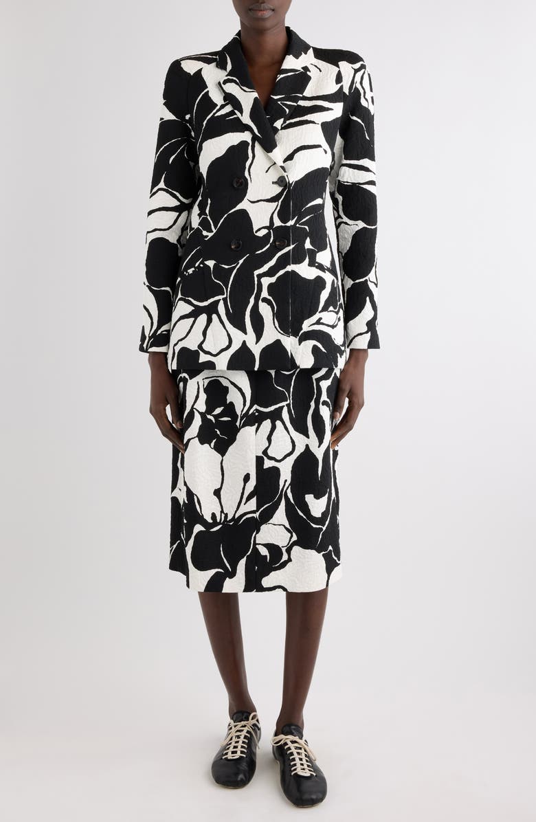 Dries Van Noten Floral Screenprint Jacquard Longline Blazer, Alternate, color, Black