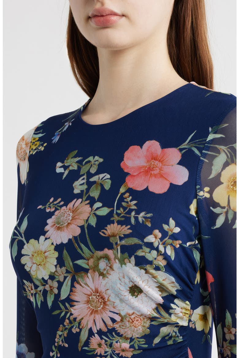 Floral Long Sleeve Mesh Body-Con Dress, Alternate, color, NAVY MULTI