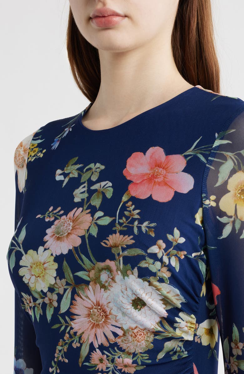 Vince Camuto Floral Long Sleeve Mesh Body-Con Dress, Alternate, color, Navy Multi
