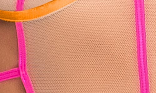 Mapalé Mapale Strappy Tulle Babydoll Chemise & G-string Thong In Nude/neon