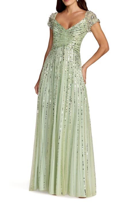 Striped Sequin Mesh Gown With Beaded Shoulders