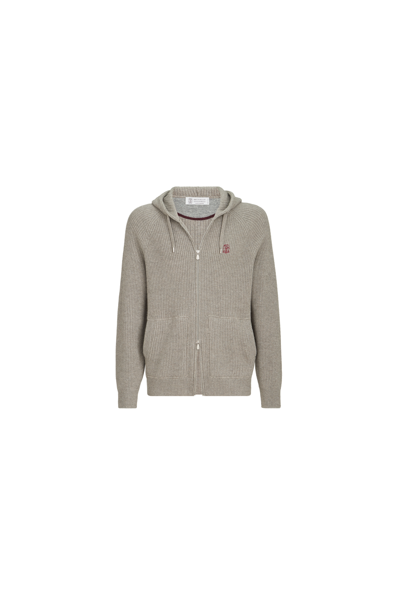 Cashmere English rib hooded knit sweatshirt with logo and zipper, Alternate, color, Stone Grey