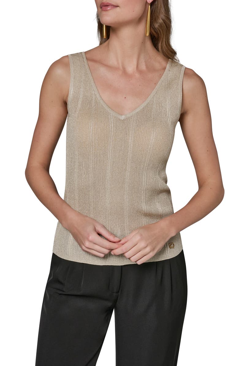 Donna Karan New York Metallic V-Neck Rib Sweater Tank, Main, color, Light Gold