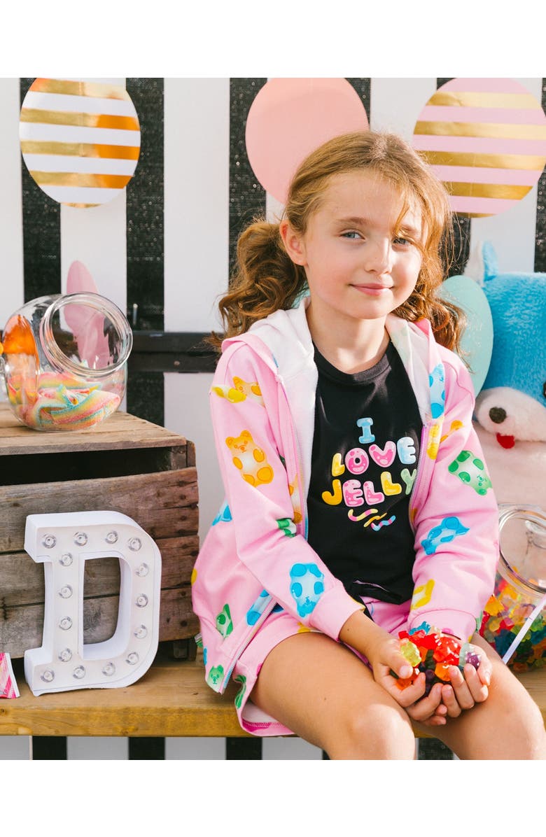 Deux par Deux Little Girl's Printed French Terry Hoodie Cardigan Pink Multicolored Gummies, Alternate, color, 