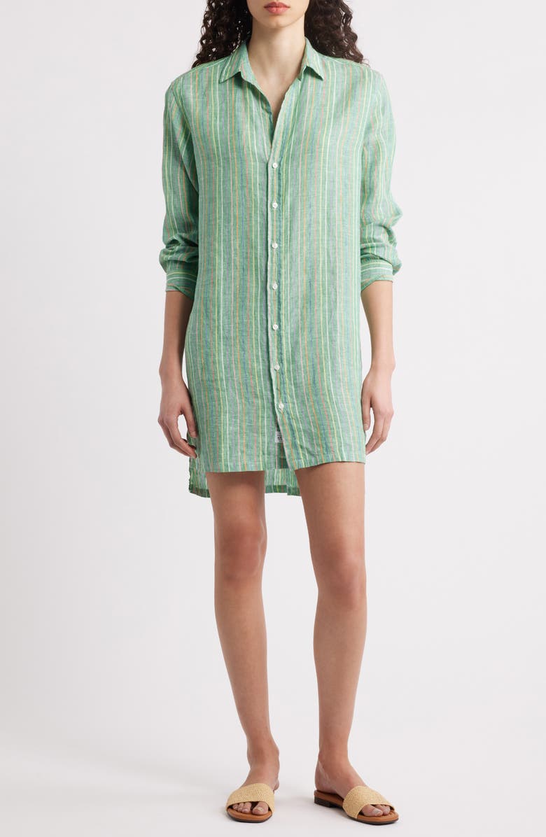 Frank & Eileen Hunter Stripe Step Hem Linen & Cotton Shirtdress, Main, color, Green W Yellow Blue Stripes