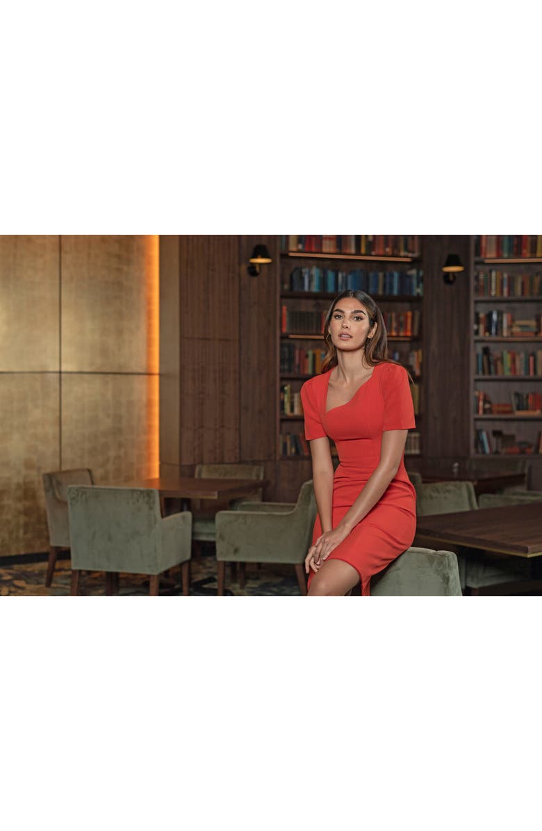 Dress the Population Ruth Asymmetric Neck Midi Dress, Alternate, color, Poppy