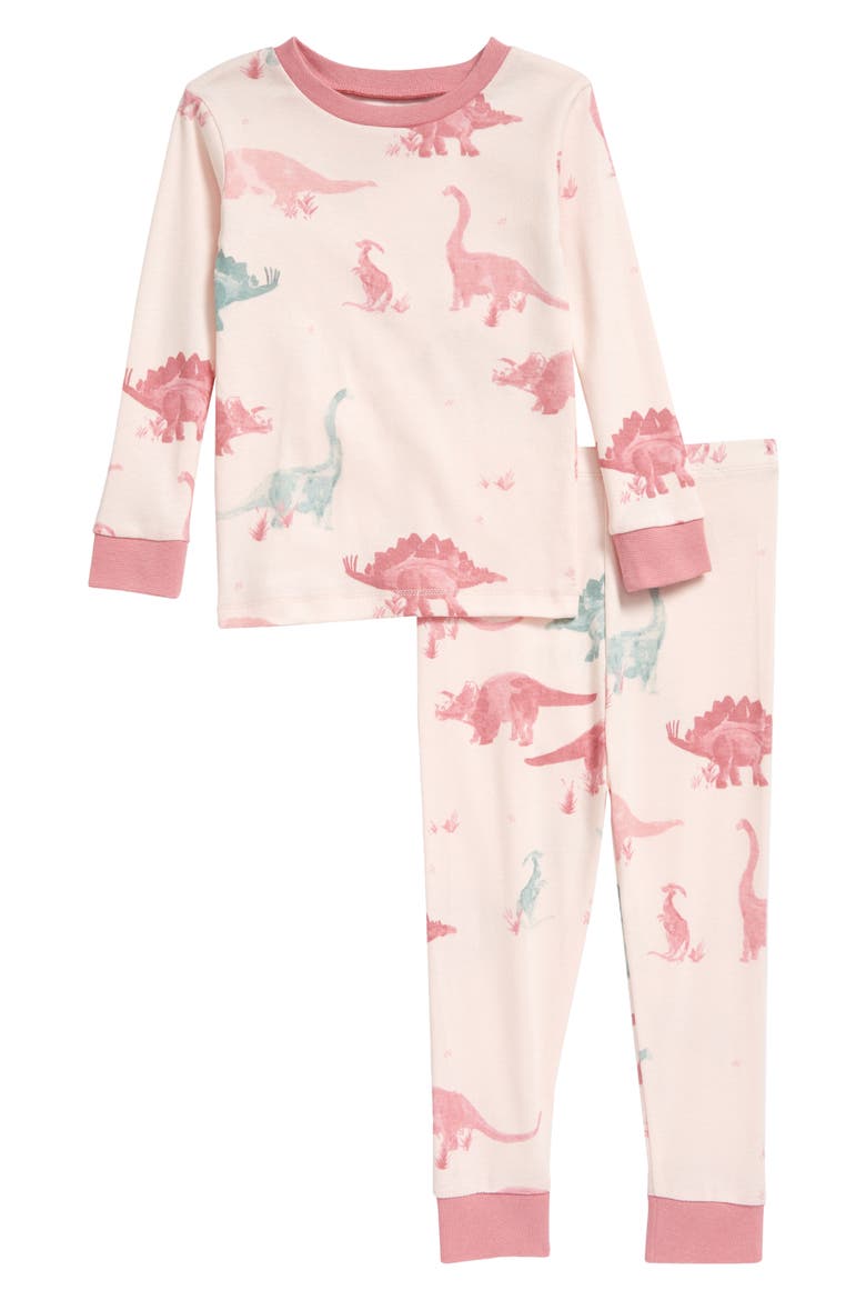 Burt's Bees Kids' Jurassic Territory Print Fitted Cotton Two-Piece Pajamas, Main, color, WILD ROSE