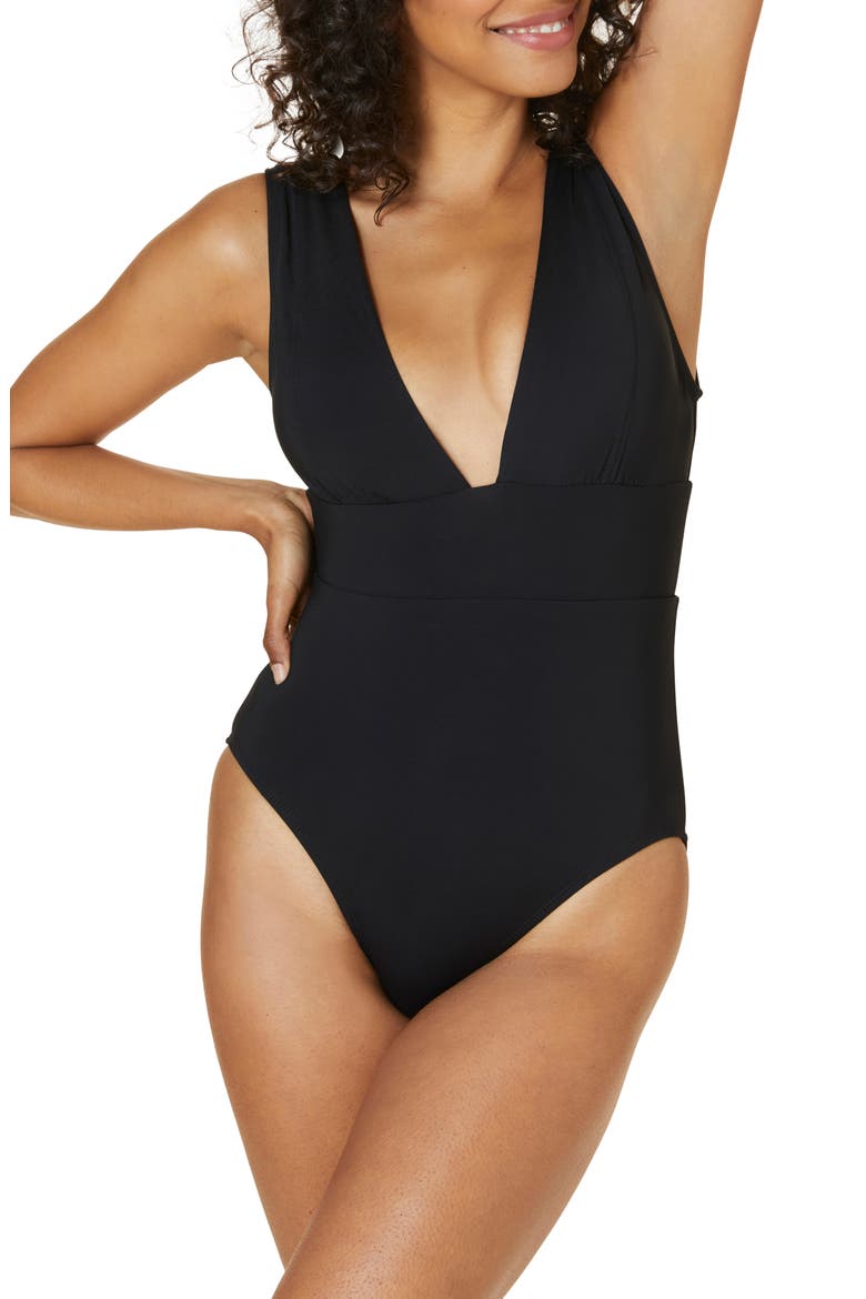 Mykonos Plunge One-Piece Swimsuit, Main, color, BLACK
