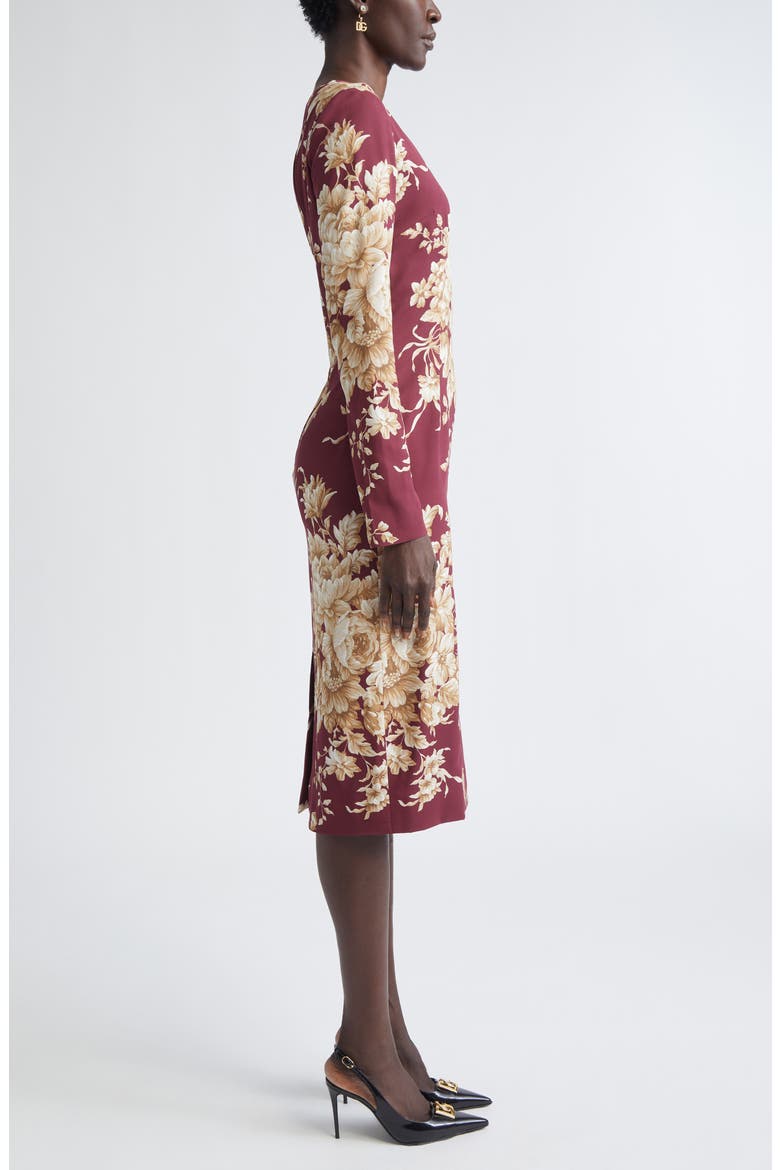 Rose Print Long Sleeve Stretch Silk Charmeuse Sheath Dress, Alternate, color, ROSE
