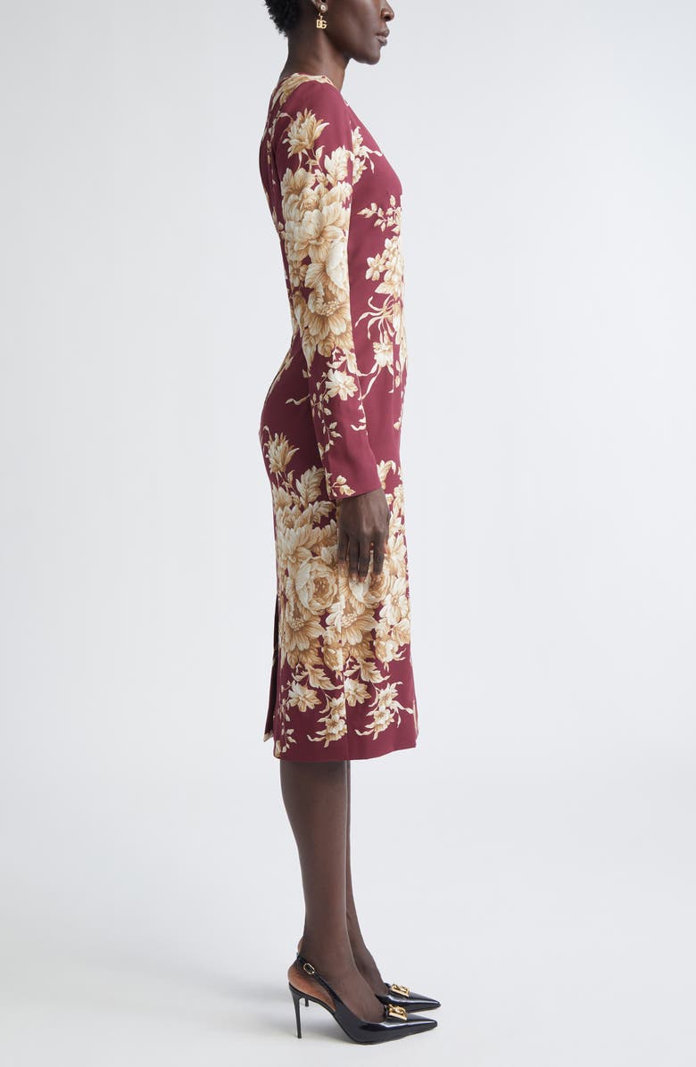 Dolce&Gabbana Rose Print Long Sleeve Stretch Silk Charmeuse Sheath Dress, Alternate, color, Rose