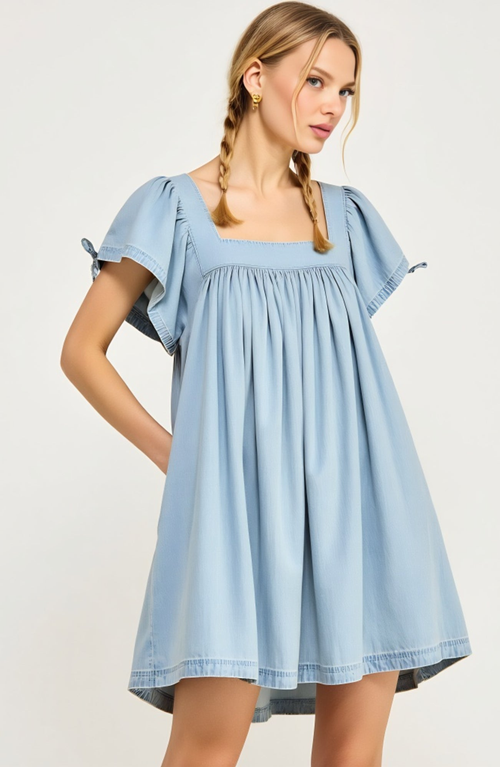 Modenaire Babydoll Dress With Square Neck And Flutter Sleeves In Blue