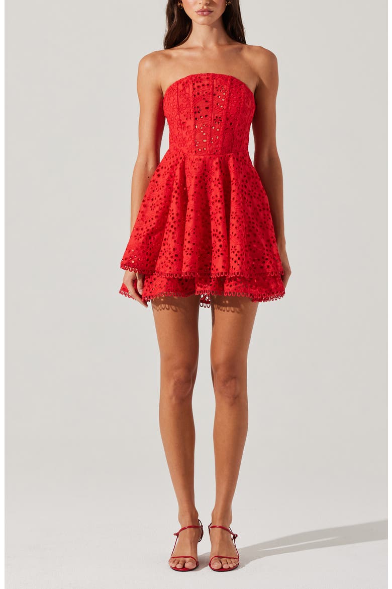 Deasia Eyelet Embroidery Strapless Minidress, Alternate, color, RED