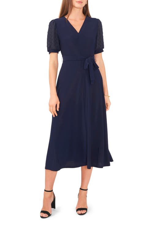 Clip Dot Puff Sleeve Tie Front Midi Dress