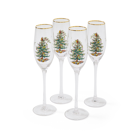 Christmas Tree Set Of 4 Champagne Fluted Glasses