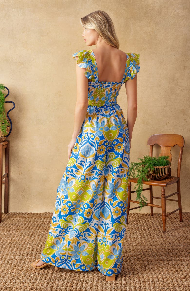 FLYING TOMATO Smocked Flutter Sleeve Jumpsuit, Alternate, color, Ivory Blue