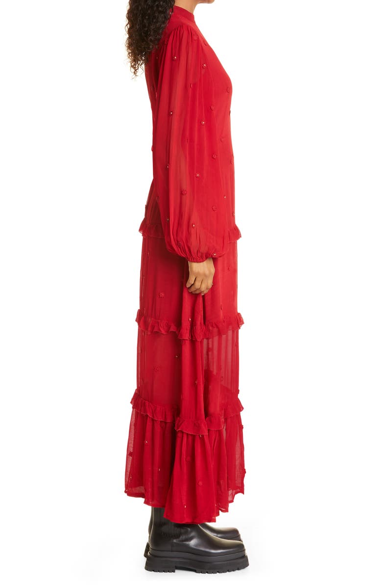FARM Rio Red Ruffle Long Sleeve Maxi Dress, Alternate, color, 