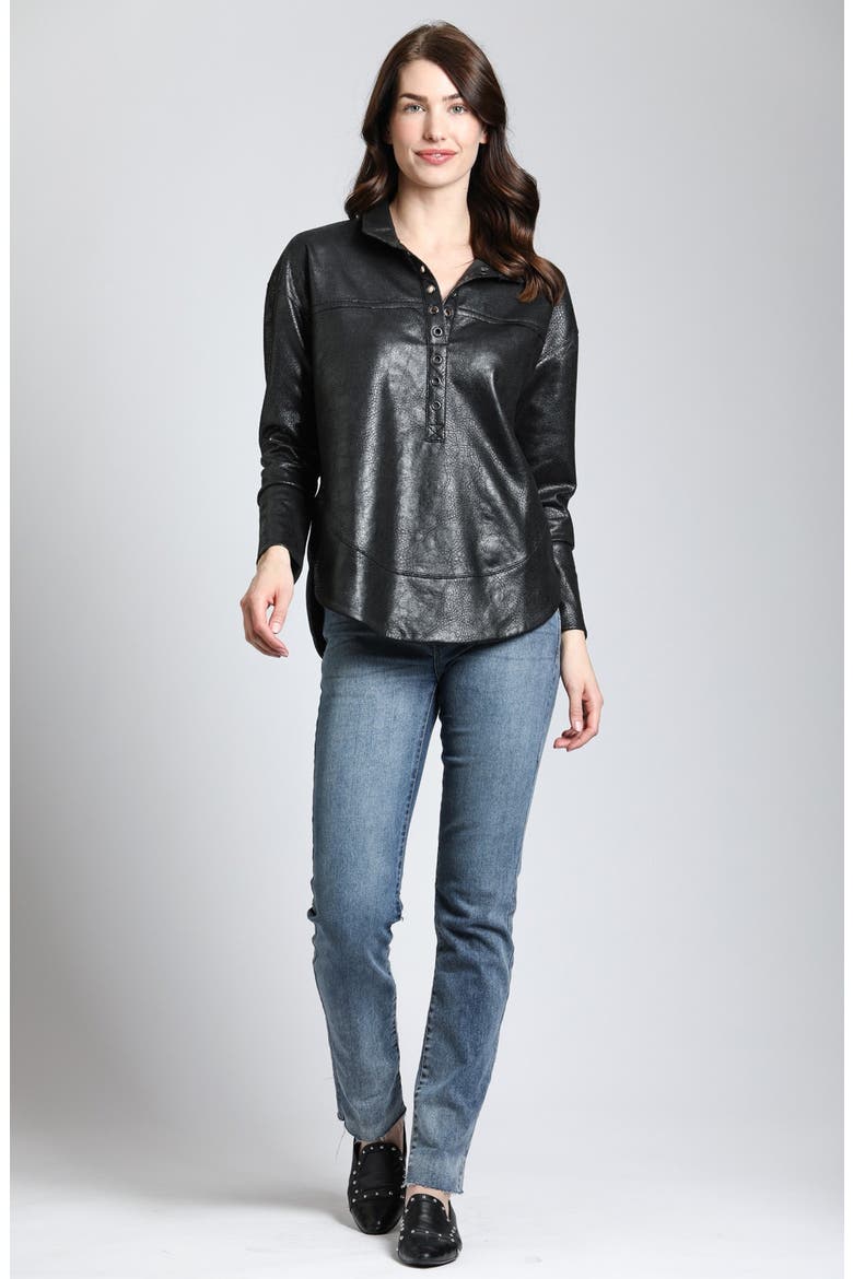 Faux Leather Henley Top, Alternate, color, BLACK