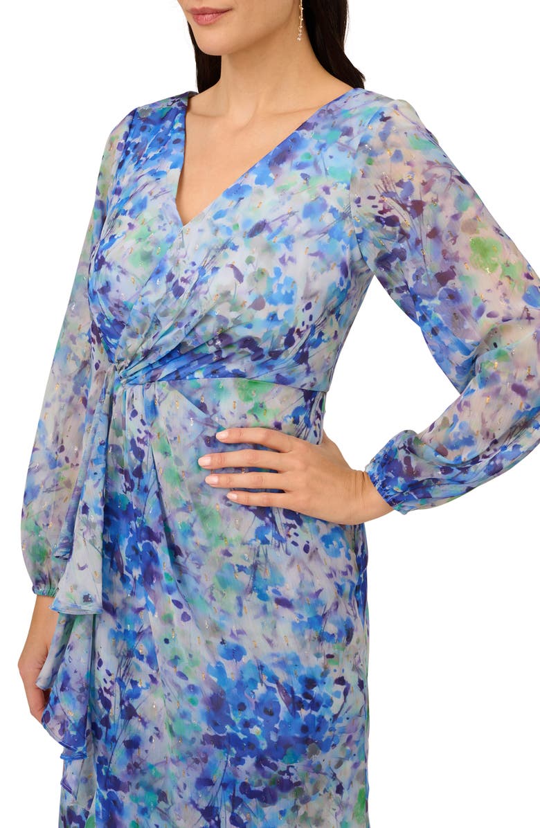Adrianna Papell Floral Metallic Long Sleeve Chiffon High-Low Dress, Alternate, color,
