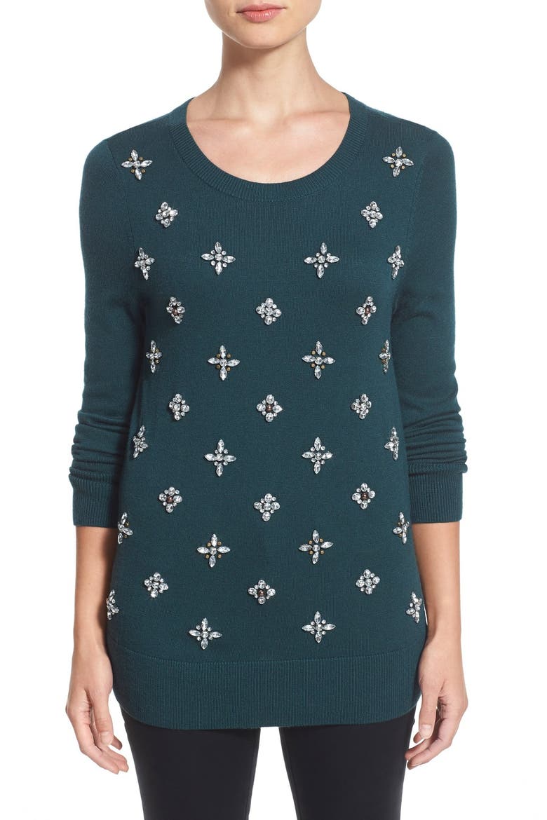 Embellished Crewneck Sweater, Main, color, TEAL CLUSTER FRONT
