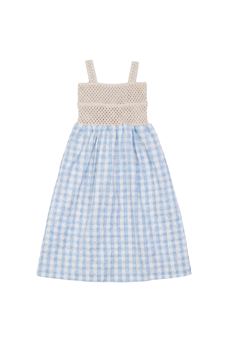 Checkered Flower Embroidery Crochet Bodice Maxi Jumper, Main, color, Blue