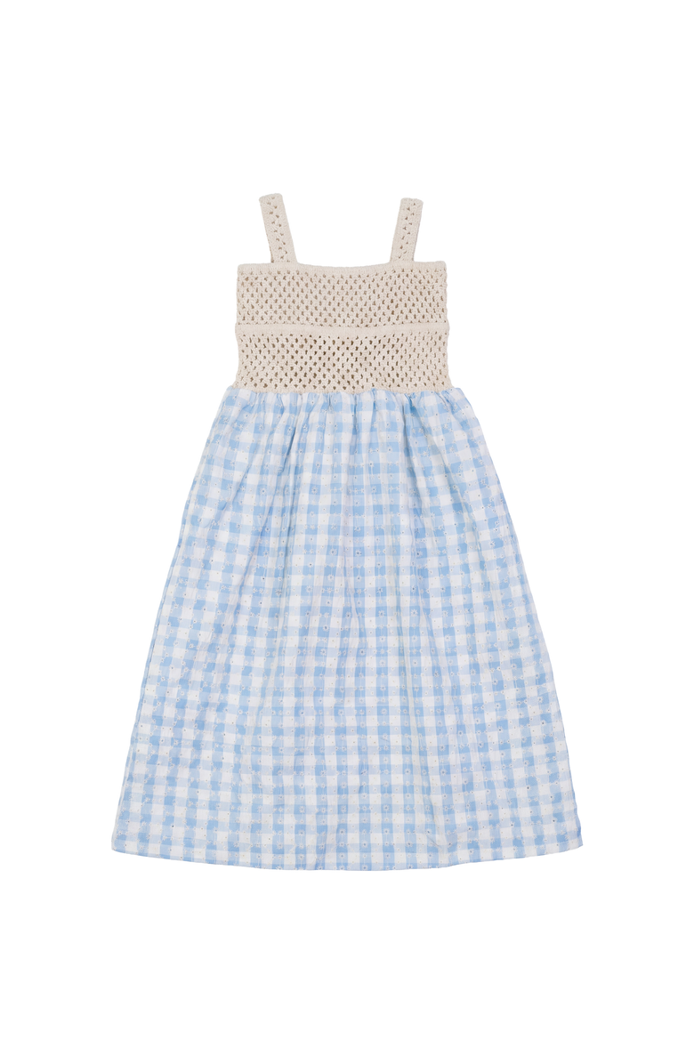 LOLA Checkered Flower Embroidery Crochet Bodice Maxi Jumper, Main, color, Blue