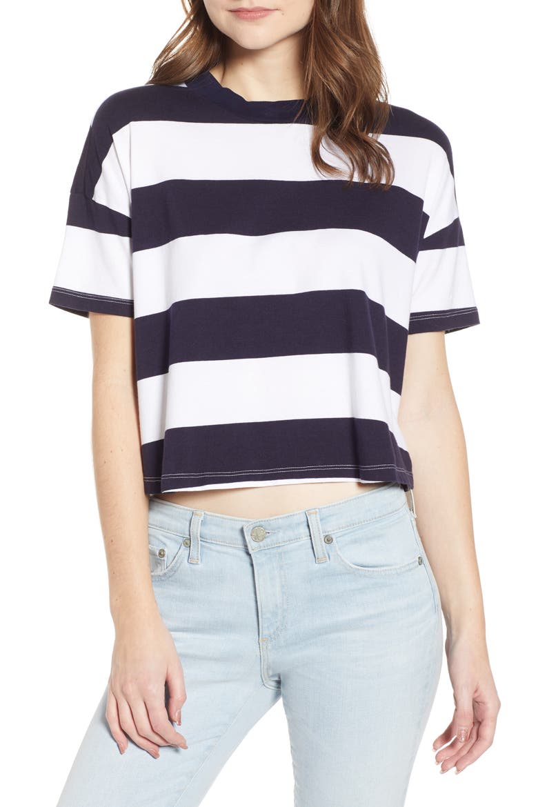 Drew Stripe Drop Shoulder Crop Tee, Main, color, DEEP AEGEAN/ TRUE WHITE