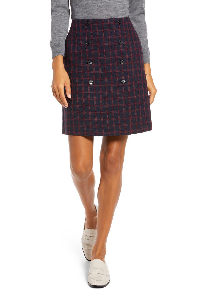 Double Button Skirt, Main, color, NAVY- RED BASKETWEAVE