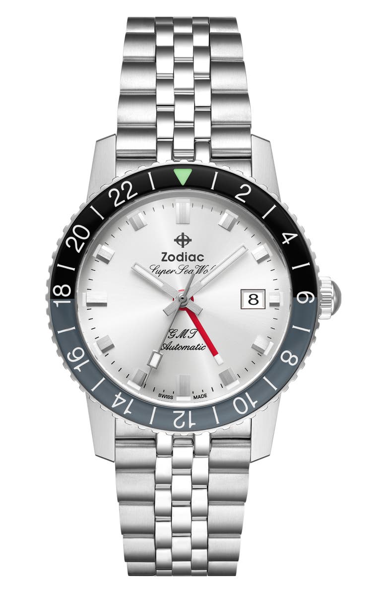 Zodiac GMT Automatic Stainless Steel Watch, 40mm, Main, color, 