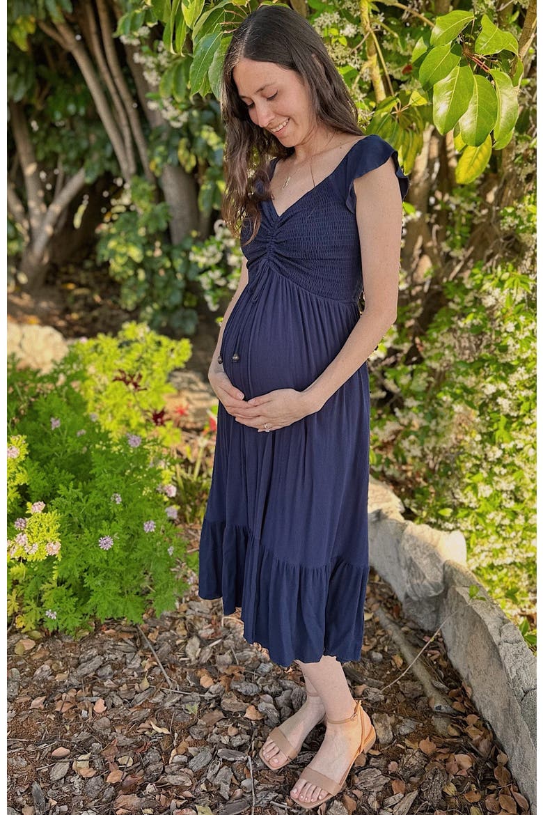 Smocked Ruched Ruffle Hem Maxi Dress, Alternate, color, Navy Blue