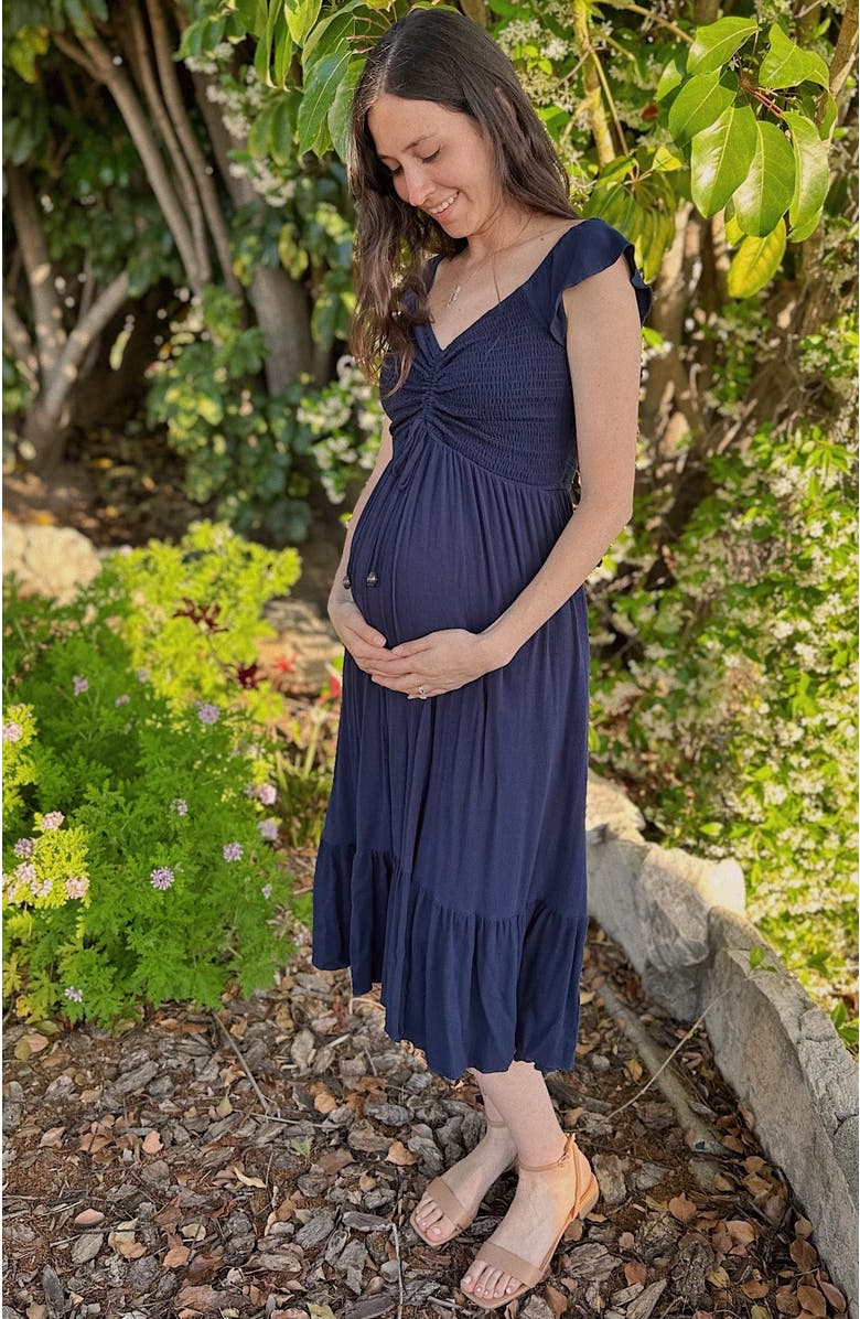 PinkBlush Smocked Ruched Ruffle Hem Maxi Dress, Alternate, color, Navy Blue