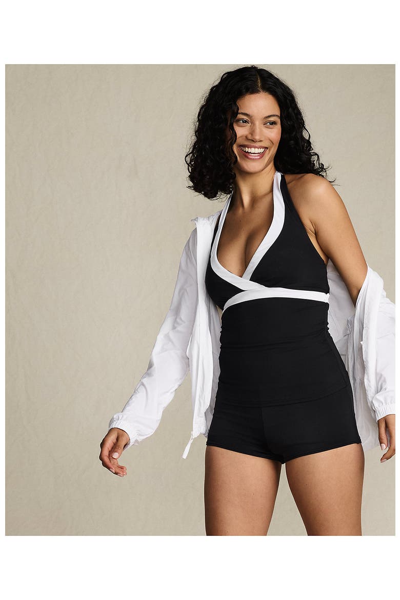 D-Cup Chlorine Resistant V-neck Halter Tankini Swimsuit Top, Alternate, color, Black/White