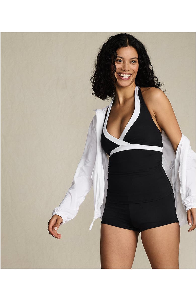 Lands' End D-Cup Chlorine Resistant V-neck Halter Tankini Swimsuit Top, Alternate, color, Black/White