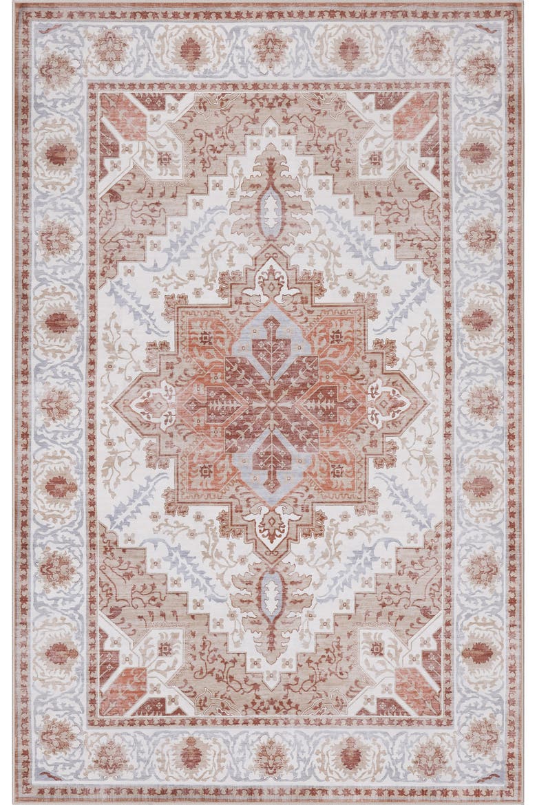 Eleanor Vintage Medallion Border Non-Slip Machine-Washable Cream/Terra 5 ft. x 8 ft. Area Rug, Alternate, color, Cream/Terra