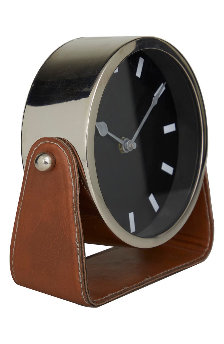 VIVIAN LUNE HOME Silver Stainless Steel Clock with Faux Leather Stand, Alternate, color, 