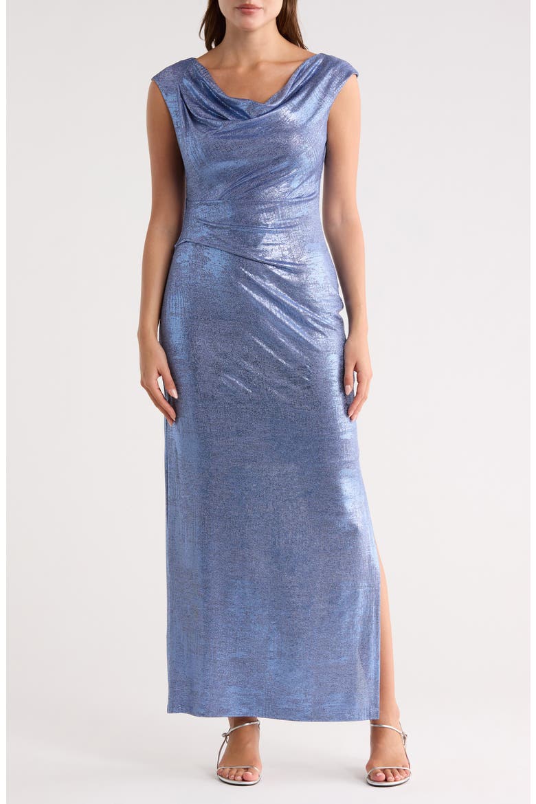 Metallic Cowl Neck Sleeveless Gown, Main, color, PERIWINKLE