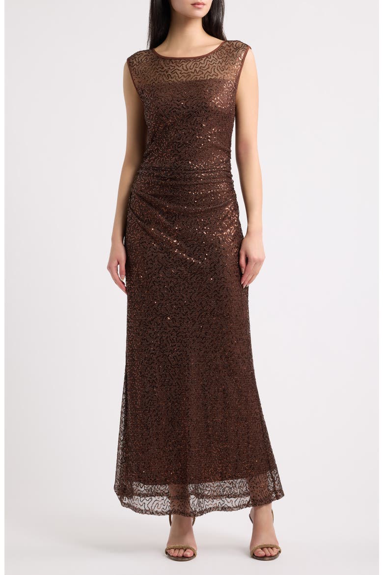 Ruched Sleeveless Sequin Dress, Main, color, BRONZE