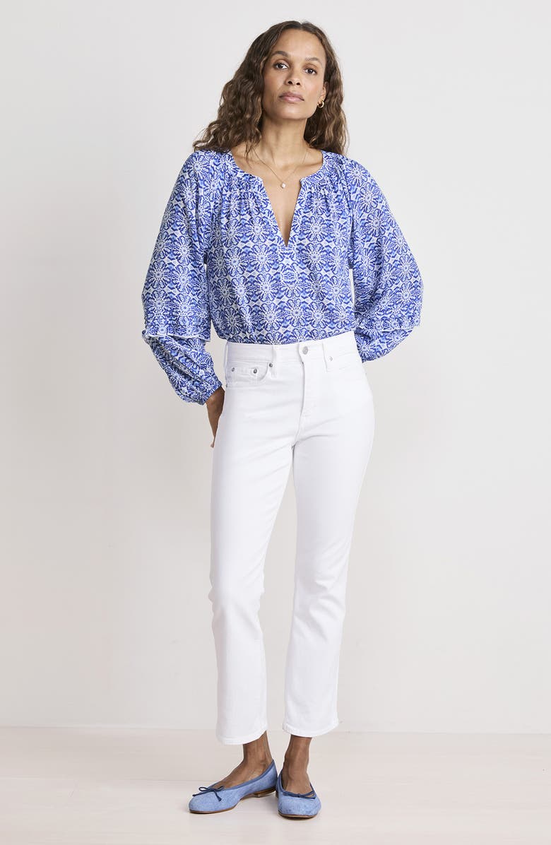 vineyard vines Izzy Tile Print Cotton Blend Popover Top, Alternate, color, Caribbean Tile Blue