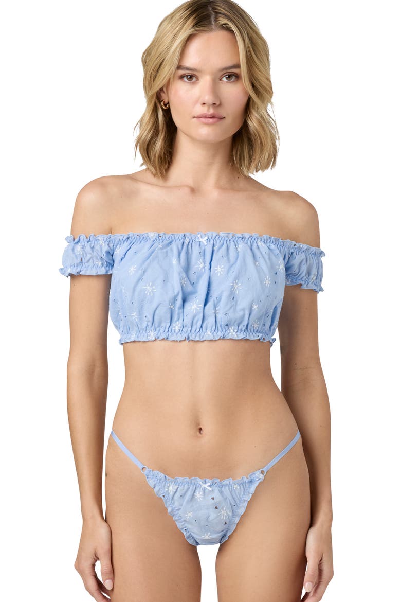 Embroidered Eyelet Off the Shoulder Crop Top, Alternate, color, BLUE JET STREAM