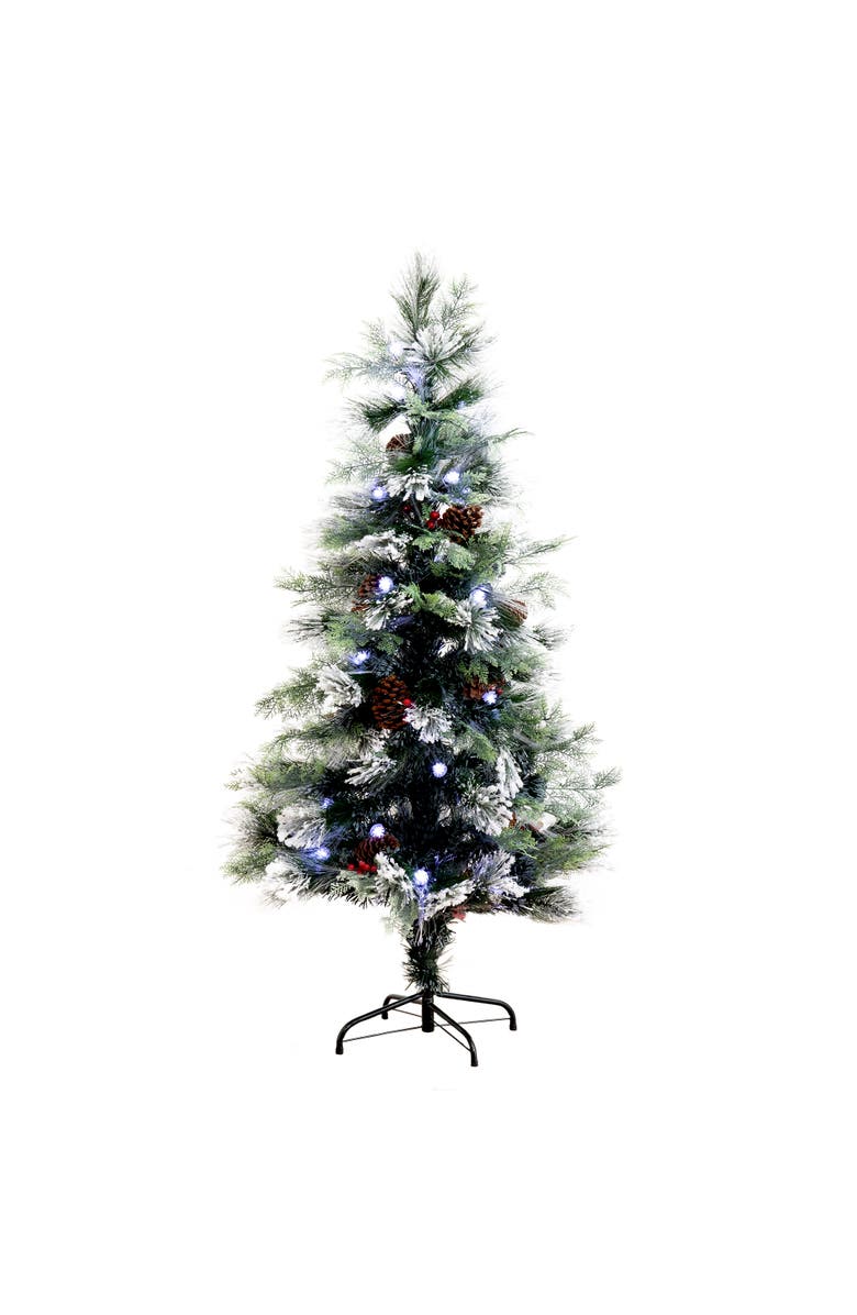 NEARLY NATURAL 5-ft Flocked Pre-Lit Fiber Optic Artificial Pinecone and Berries Christmas Tree with 48 White LED Lights, Main, color, Green