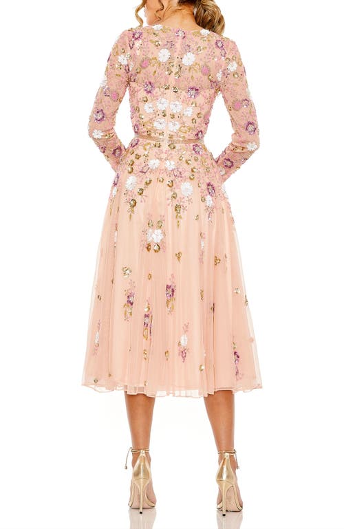 Mac Duggal Sequined Floral Long Sleeve High Neck Midi Dress In Blush