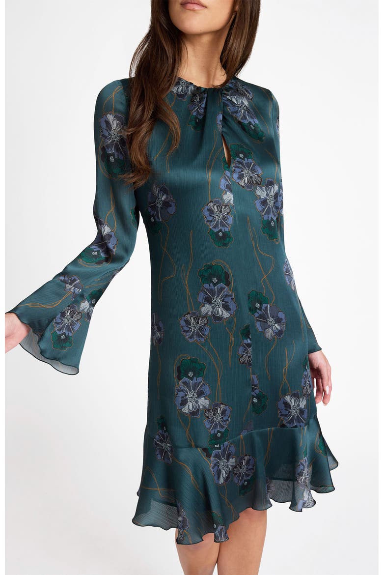 Drake Long Sleeve Printed Shift Dress with Ruffled Skirt, Alternate, color, Steel Teal