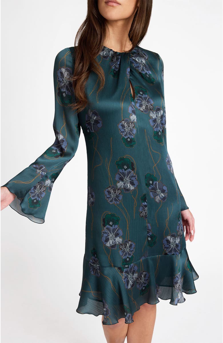 Santorelli Drake Long Sleeve Printed Shift Dress with Ruffled Skirt, Alternate, color, Steel Teal