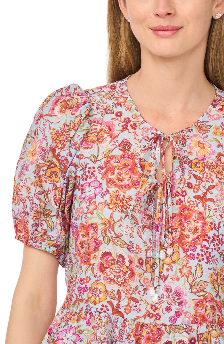 CeCe Tie Keyhole Puff Sleeve Peplum Top, Alternate, color, Aquatic