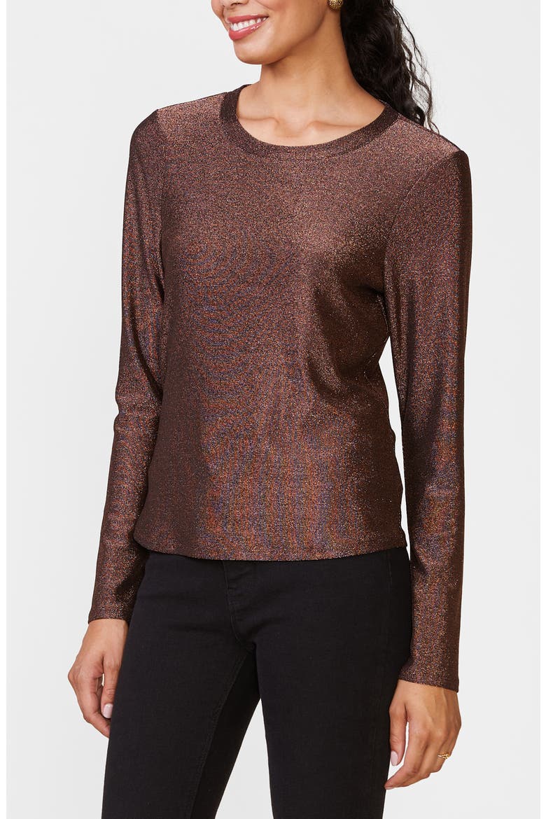 Glitter Fitted Crewneck Long Sleeve Top, Alternate, color, COPPER