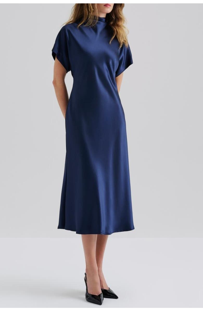 Malina Alivia Short Sleeve Satin Midi Dress, Alternate, color, Dark Blue