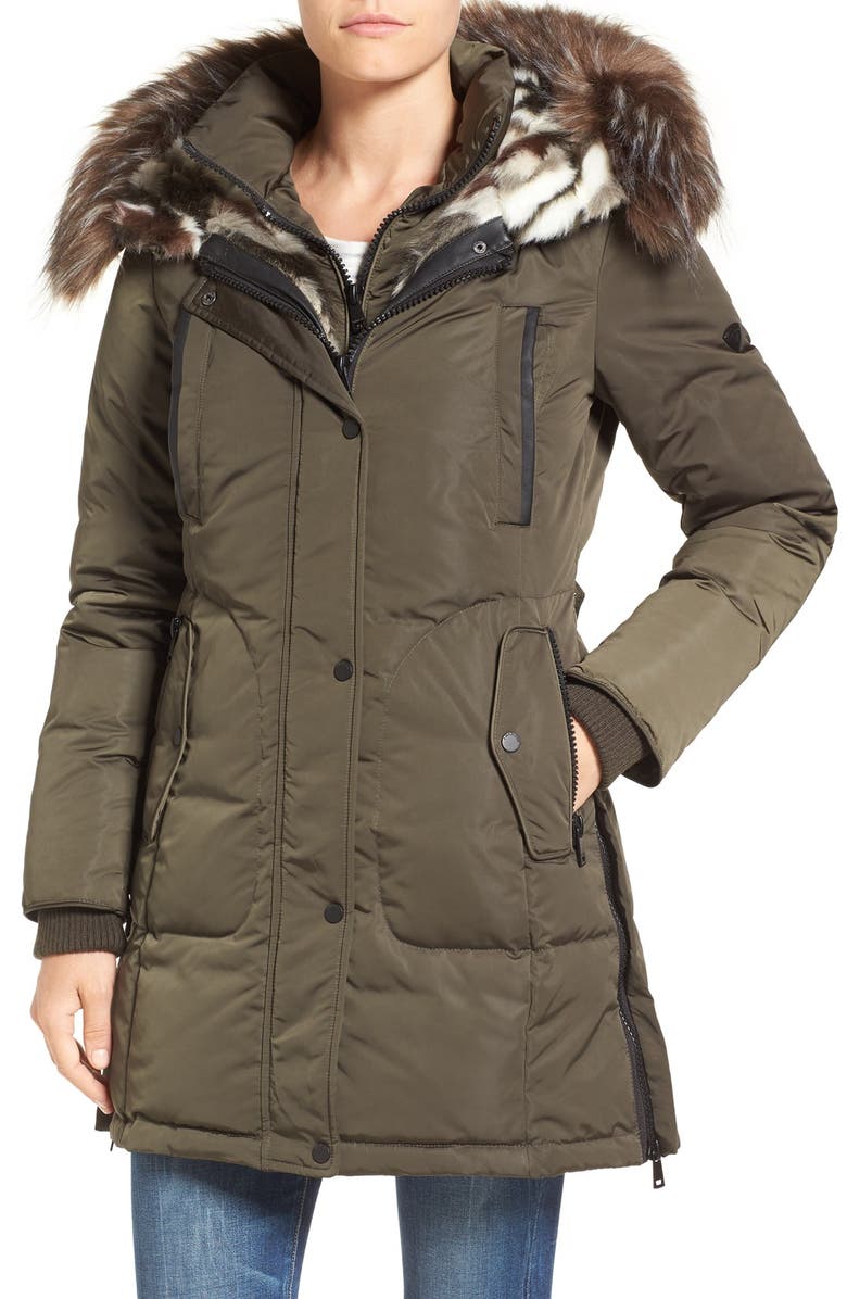 1 Madison Faux Fur Trim Chintz Hooded Down Coat, Main, color, 