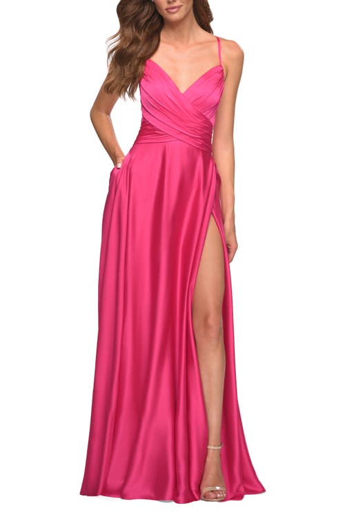 La Femme Satin Hot Pink Gown With Criss-cross Ruched Top In Hot Pink