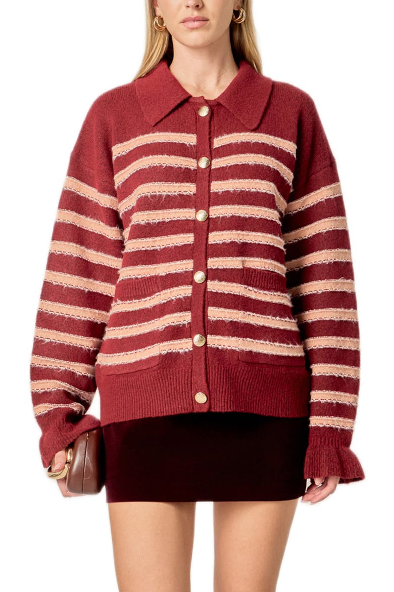 Stripe Ruffle Cuff Collar Cardigan, Main, color, BURGUNDY/SALMON