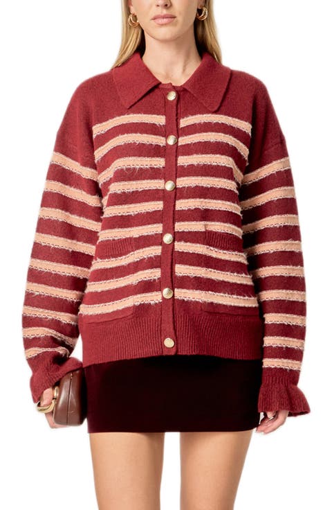 Stripe Ruffle Cuff Collar Cardigan