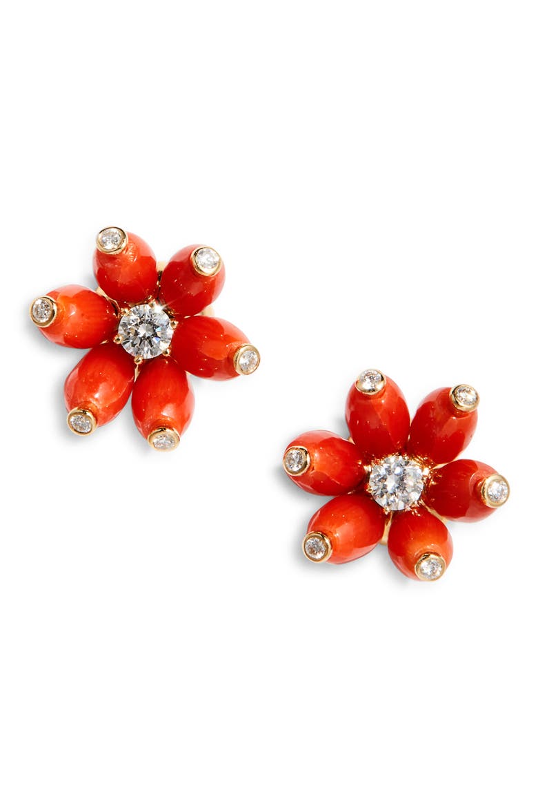 Cactus Diamond Flower Stud Earrings, Main, color, CORAL/ DIAMOND